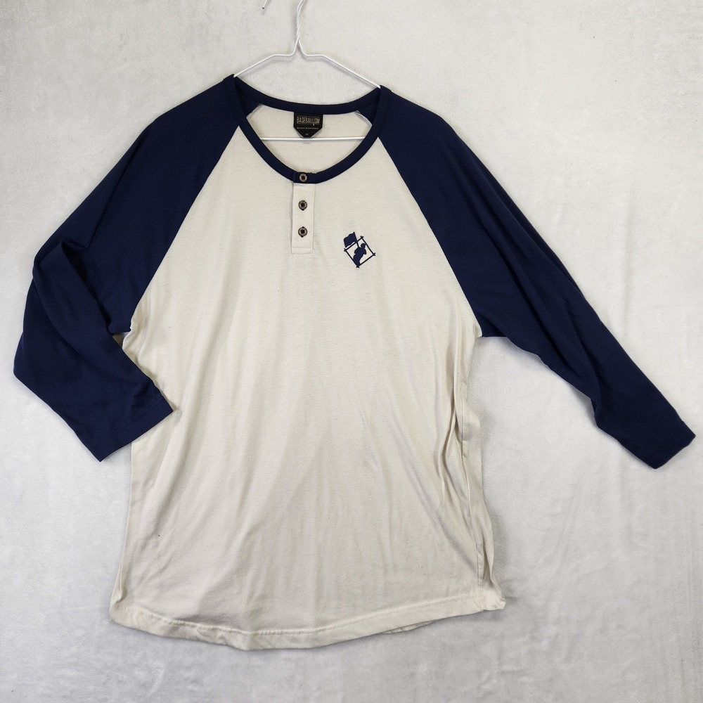 Baseballism Mens Raglan Henley Shirt XL Navy Cream 3/4 Sleeve‎ Embroidered Logo